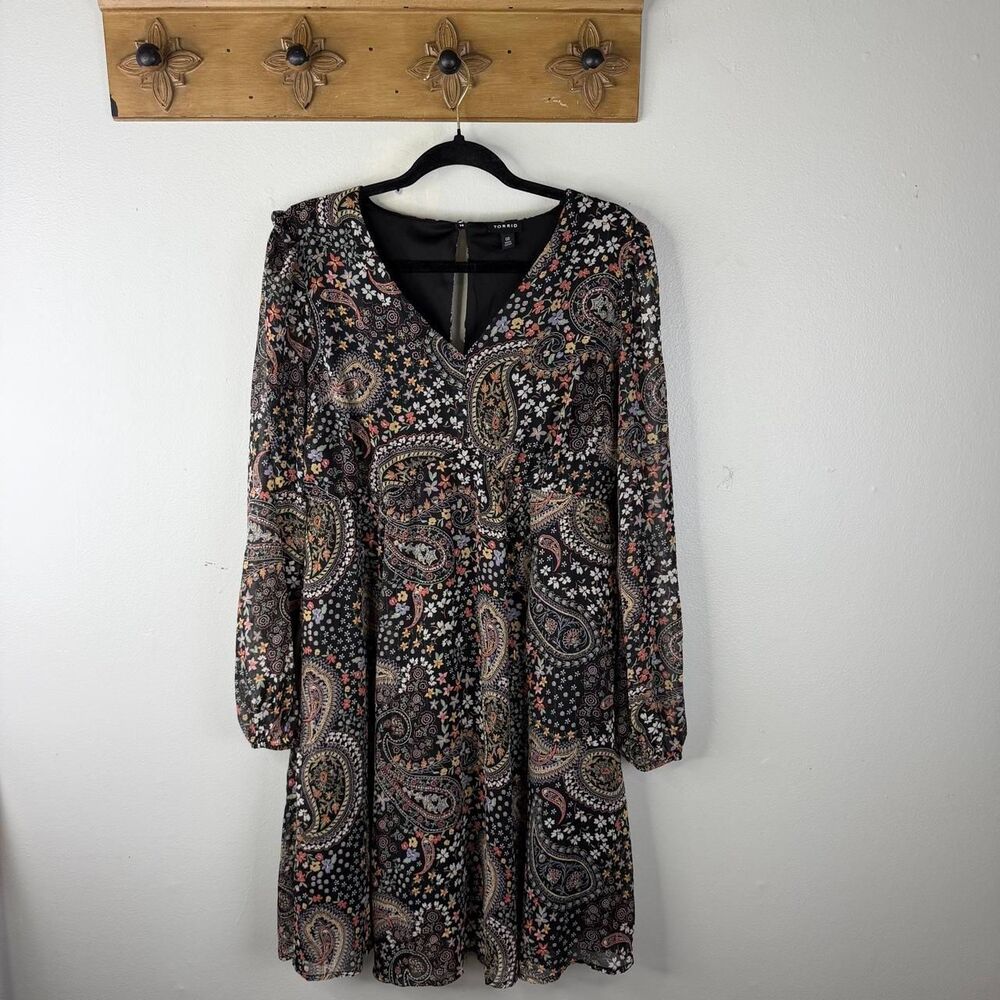 Torrid Paisley Floral Knee Length Dress Size 00 Black Long Sleeve Boho